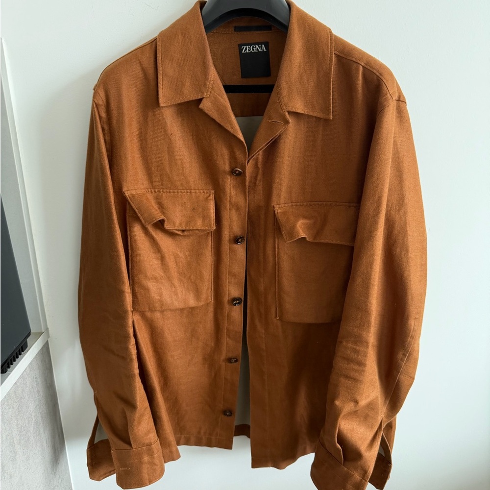 Zegna Orange Brown Linen Work Shirt Coat
